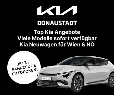 Promo for Kia Donaustadt featuring a white Kia EV6 GT-line. Text highlights top offers for Vienna and NÖ.