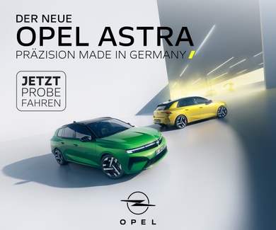 Two Opel Astra cars, green and yellow, displayed in a sleek showroom with text promoting German precision and a test drive offer.