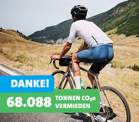 Bild von Fahrradfahrer am Rennrad in hügeligem Gelände. Schriftzug: Danke! 68088 Tonnen CO2e vermieden
