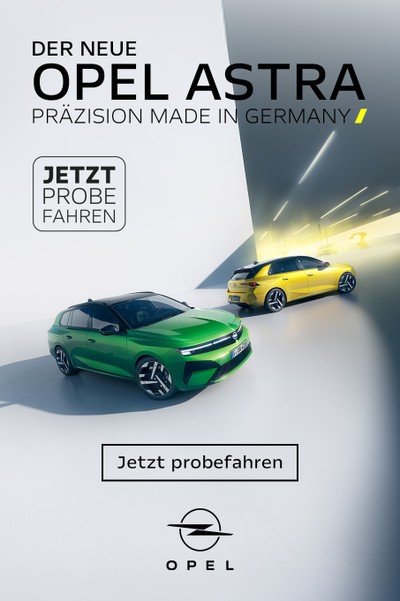 Ad for the new Opel Astra featuring a green and a yellow car in a modern space. Text promotes German precision and test drives.