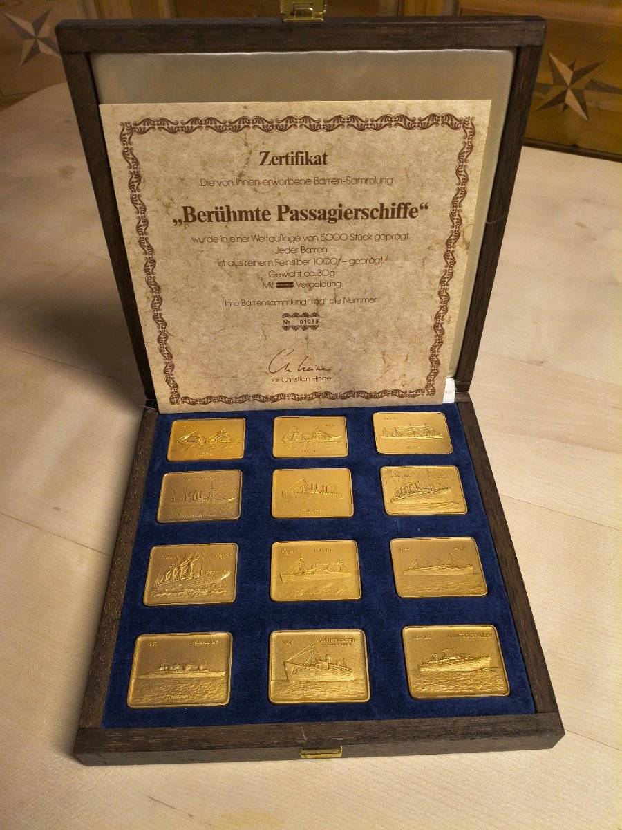 360g Feinsilber 999 - 12 vergoldete Silberbarren Passagierschiffe