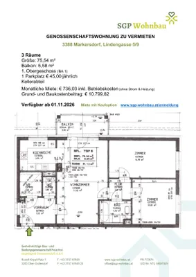 3-Zimmer-Wohnung mieten in Sankt Pölten Land – 76,69 m², € 736