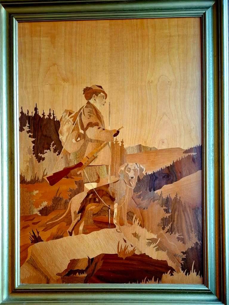 Holz-Intarsienbild - Jäger, handgefertigt