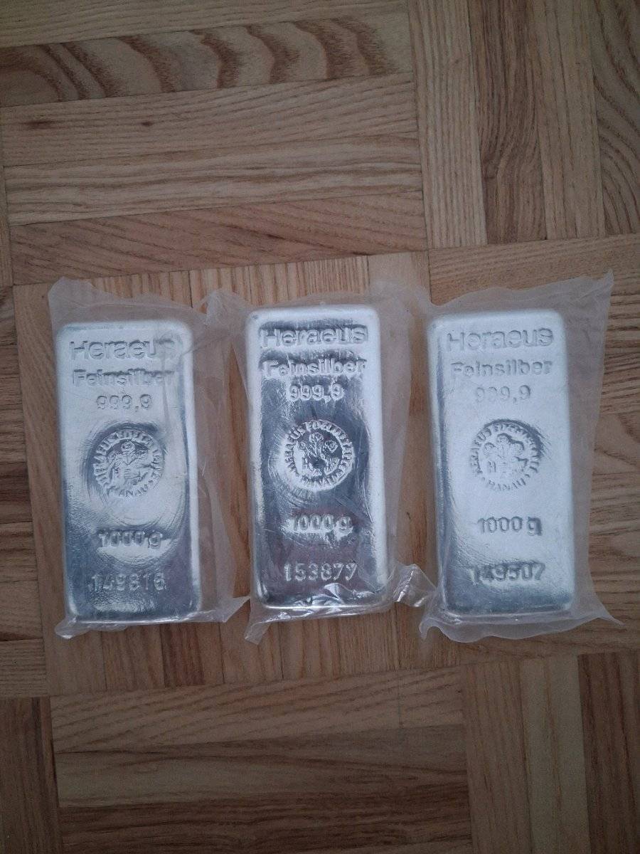 3x 1kg Heareus Silberbarren