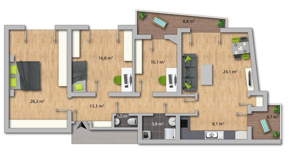 Olympisches Dorf: Großzügige 4-Zimmer-Wohnung im 9. Obergeschoss mit Lift, zwei Balkonen & Tiefgaragenabstellplatz - Ansicht 3