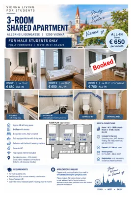 MÄNNER WG - möblierte Studentenzimmer | 3er-WG | zw 15-22m2 - ALL-IN | Nähe U6 & S-Bahn | 1200 Wien