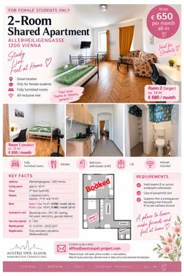 DAMEN WG - möblierte Studentenzimmer | 2er-WG | zw 15m2 - ALL-IN | Nähe U6 & S-Bahn | 1200 Wien