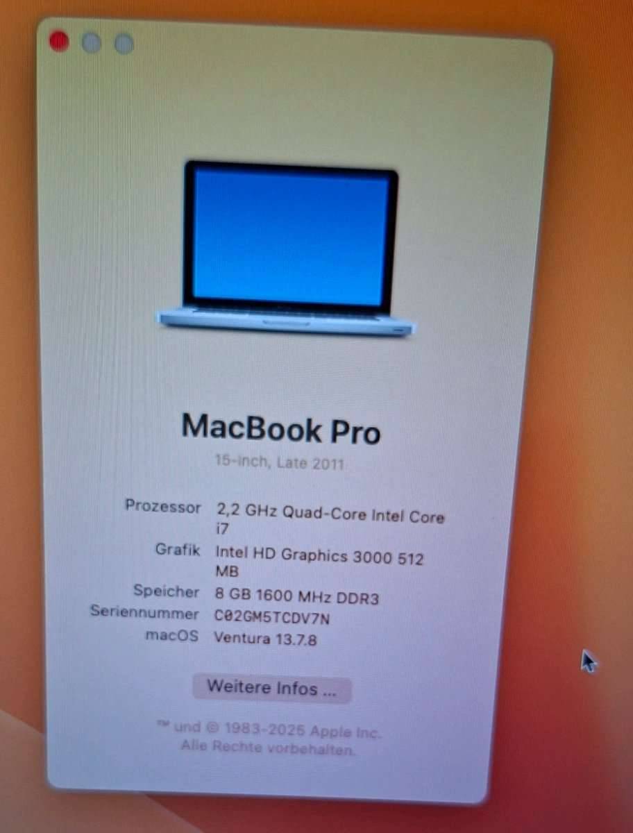 MacBookPro15,4ZollLate2011i78GBRAM140GBSSDMacOSVentura
