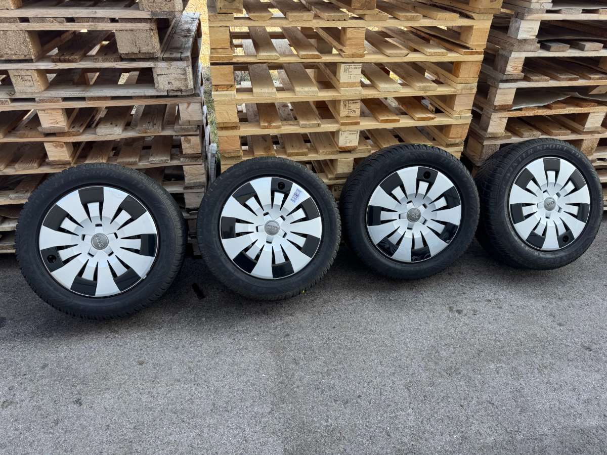 Original VW AUDI SEAT SKODA Komplettradsatz Winterreifen (M+S) DUNLOP SP WINTER SPORT 4D 205/55 R16 91H DOT 3312 Profiltiefe ca. 2x5,6mm + 2x4,9mm Stahlfelgen 6Jx16 ET46 VW AUDI SEAT SKODA Teilenummer: 5Q0601027 A/D - GEBRAUCHT - PREIS ist Inkl. MWST!