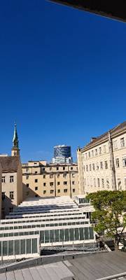 54 m² helle Dachgeschosswohnung, Hofruhelage mit Ausblick auf den Galaxy Tower, Erstbezug, Mitbenützung der Dachterrasse