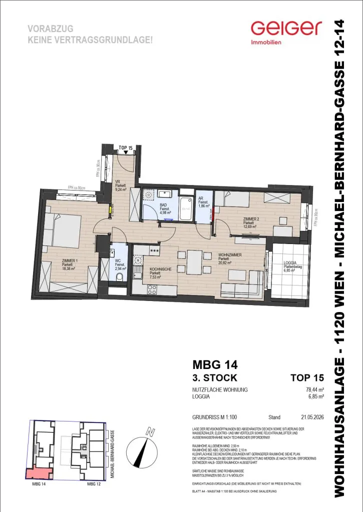 Ruhige 3-Zimmer Wohnung mit Loggia - Top 14.15 - Ansicht 2