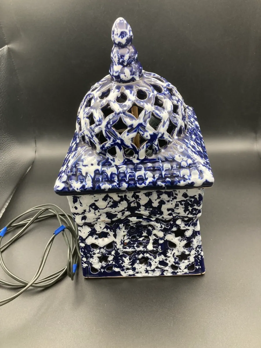 Handgefertigte Keramik Laterne/ Blau Weiß/ 26 cm