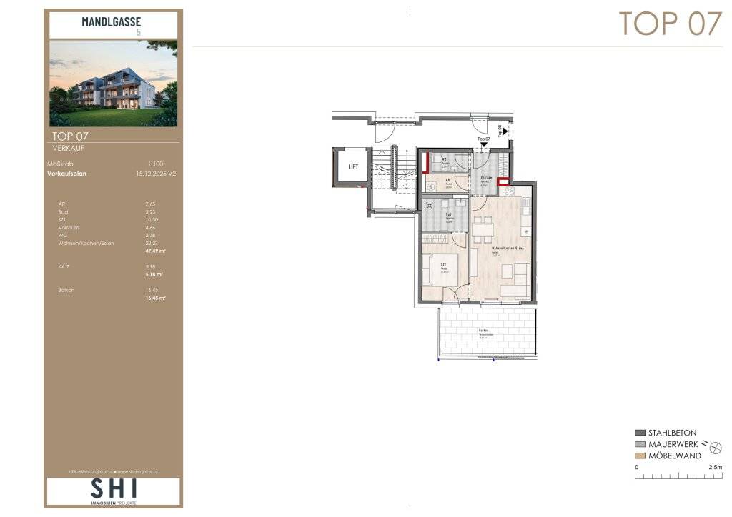 MANDLGASSE 5, TOP 07: Exklusive 2-Zimmer-Wohnung mit XL Balkon im 1.OG - Ansicht 2