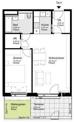 2-Zimmer-Wohnung mieten in Wien – 55,49 m², € 1.011