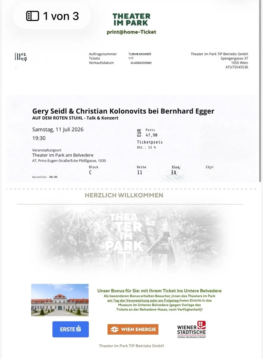 3 Tickets / Karten - Theater im Park - Auf dem roten Stuhl - Talk & Konzert - Gery Seidl und Christian Kolonovits bei Bernhard Egger