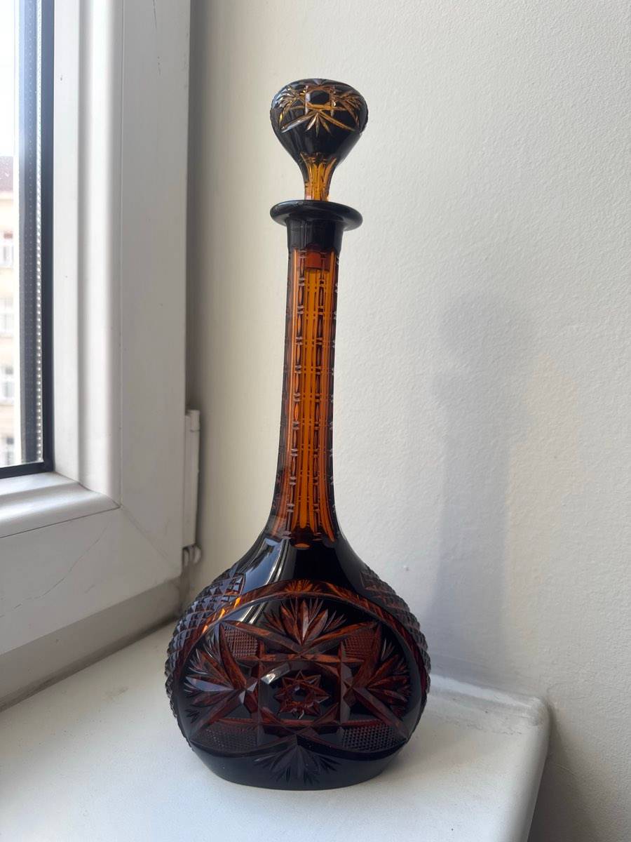 (reserviert) Vintage Kristallglas Karaffe mit Stopfen - bernsteinfarben geschliffen