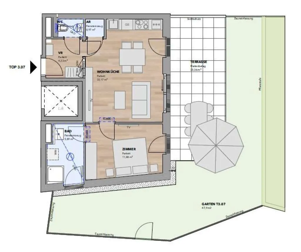 2-Zimmer Gartenwohnung mit großer Terrasse - Top 3.07 - Ansicht 3