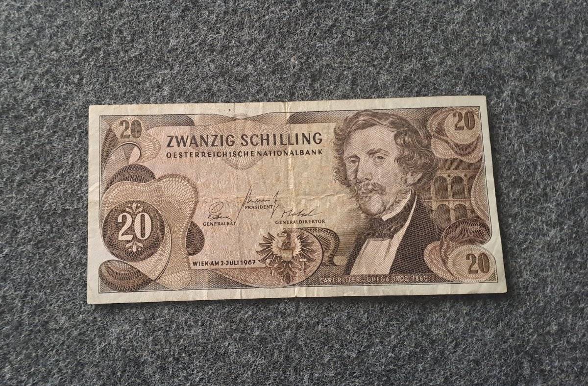 Alte Österreichische Banknote, 20 Schilling Geldschein von 02. Juli 1967 mit dem Ingenieur Carl Ritter von Ghega auf die Vorderseite & auf die Rückseite die Semmering Bahnbrücke über den Semmering Pass, in gutem Zustand