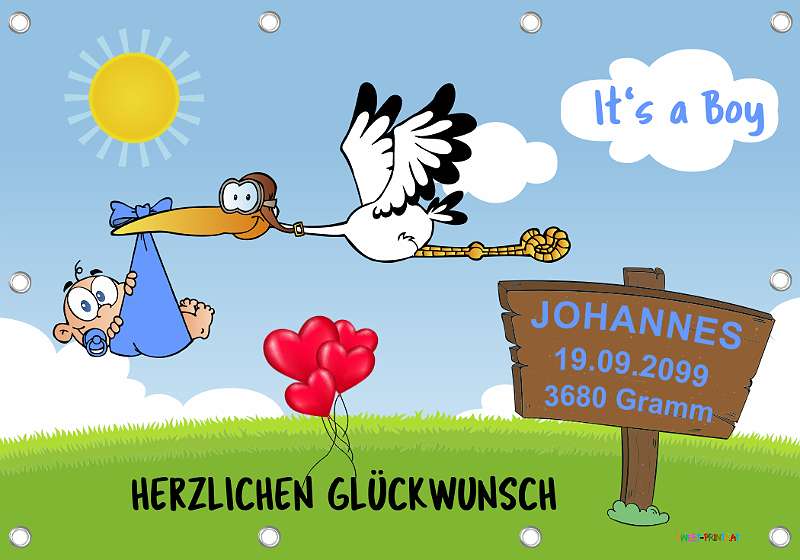 XXL Banner (bis 185x126 cm) Babystorch BANNER, Klapperstorch mit Baby