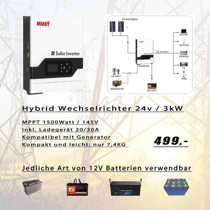 MUST Hybrid Wechselrichter PV1800VPM 24v - 3kW