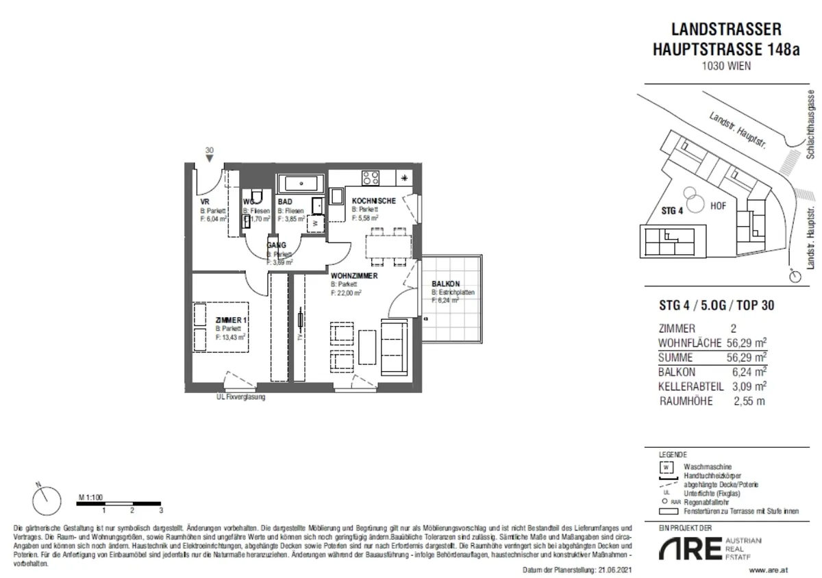 2-Zimmer-Wohnung mit Balkon, 56 m², Landstraße, Landstraße
