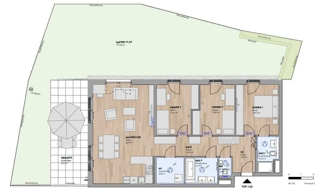 Großzügige Gartenwohnung mit südseitiger Terrasse - Top 1.02 - Ansicht 3