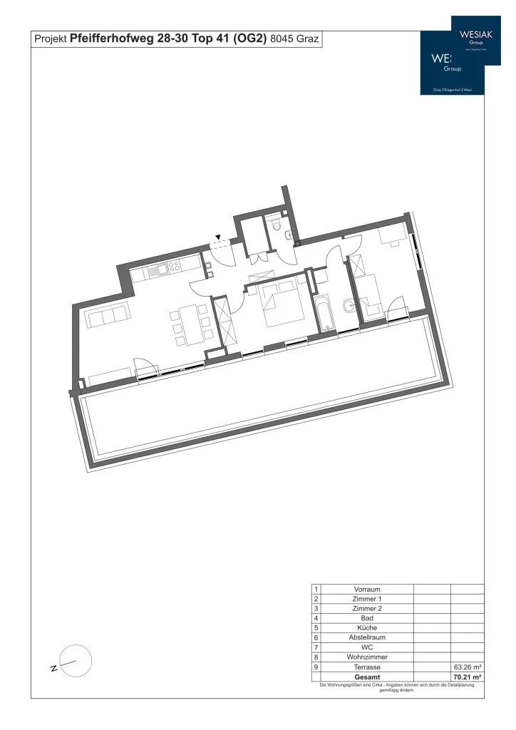 Pfeifferhofweg 28-30 Top 41 - Geräumige 3-Zimmerwohnung mit Terrasse und Carport zur Vermietung - Ansicht 2
