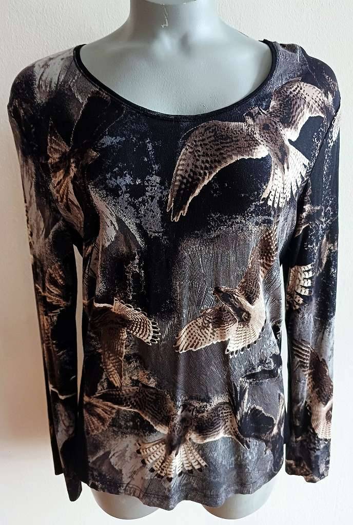Tom Tailor Edition - Shirt Langarmshirt - Vögel - weiß grau schwarz Brauntöne - Gr. 40
