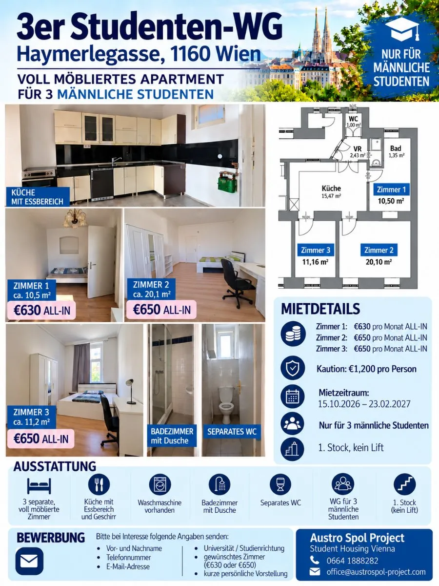 MÄNNER 3er-WG - Studentenzimmer noch frei | ca. 11m2 - ca 12m2 - ca 20m2 - ALL-IN | Nähe Lugner City| 1150 Wien