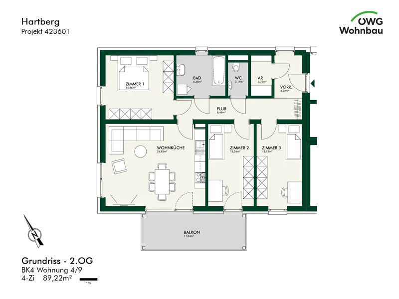 NEUBAU - 4-Zimmer-Wohnung in ruhiger Lage mit Küche, Balkon & Tiefgaragenparkplatz - geförderte Miete - 4 Zimmer – pohled 2