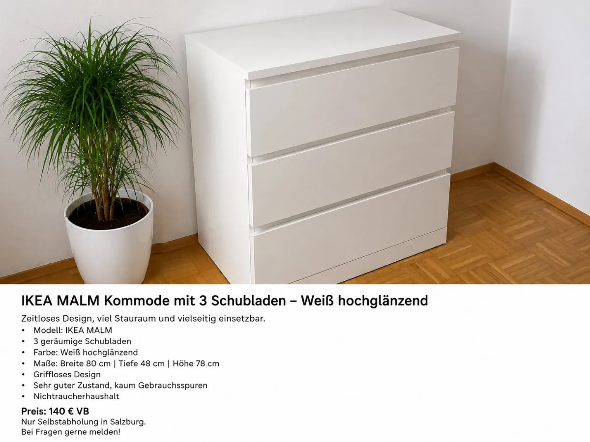 IKEA MALM Kommode - Weiß - 3 Schubladen, € 50,- (5020 Salzburg)