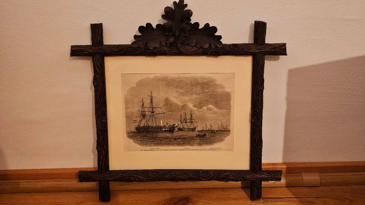K. u. k. Marine Rarität: Holzstich (1864) im antiken Eichenlaub-Rahmen