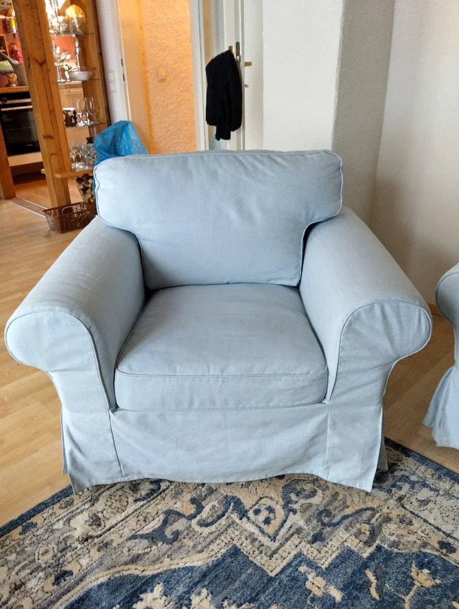 (reserviert) Ikea EKTORP 3er-Sofa mit Récamiere mit Sessel, hellblau