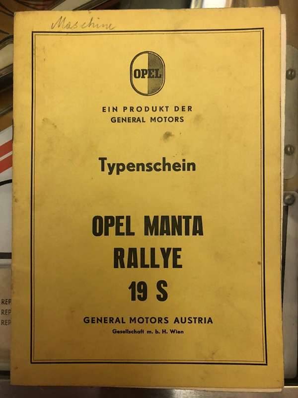 Opel Manta: Rallye 19S: Original Typenschein(Sammlerzweck, eh klar!)portofrei versichert!