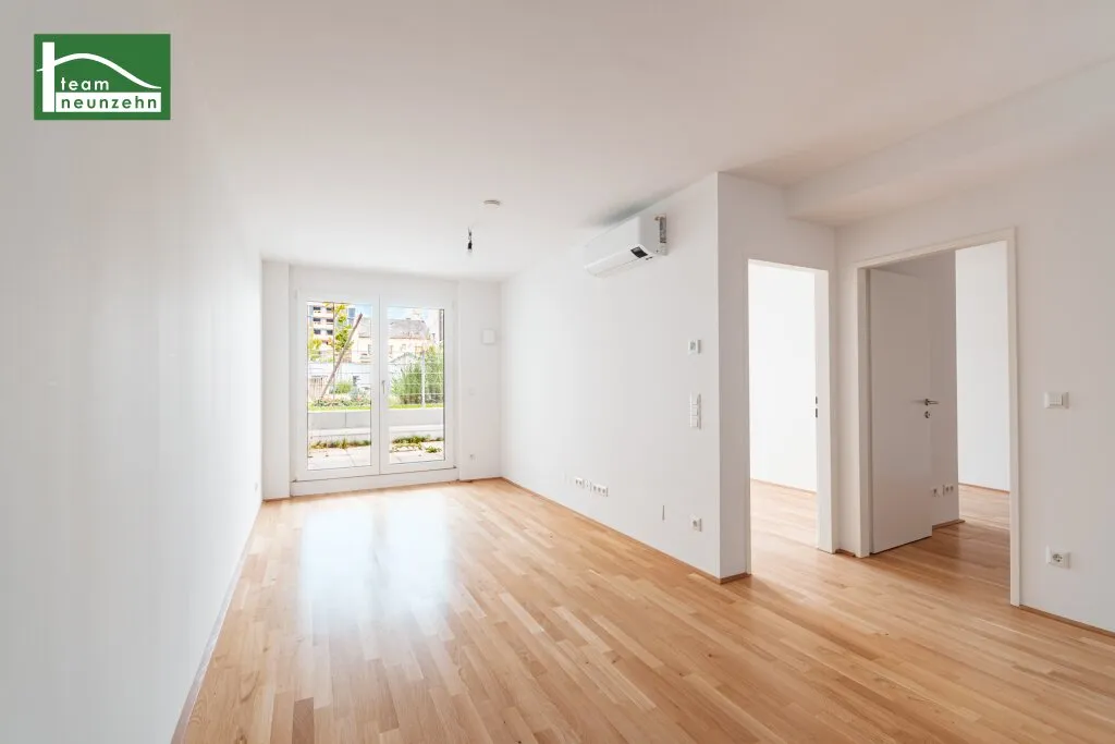Hochwertiges Neubau-Apartment für Kurzzeitvermietung. Widmung in eine Büroeinheit möglich. Mit Terrasse in sehr guter Lage. Erstbezug! Zu Fuß zur U1 Kagran und zur Alten Donau. Klimaanlage!