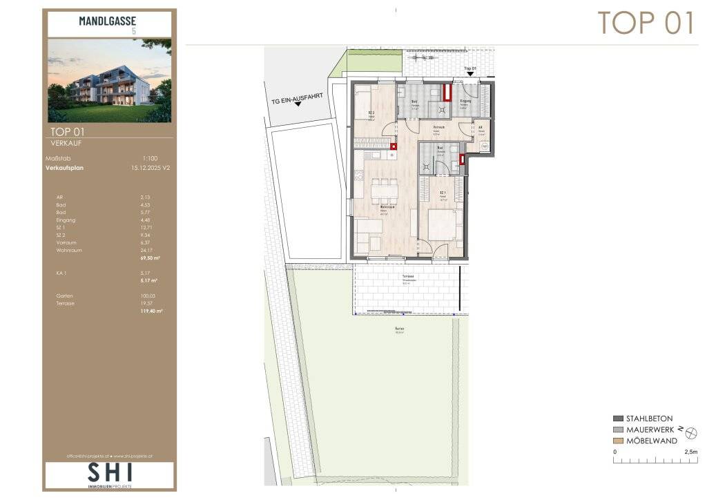 MANDLGASSE 5, TOP 01: Hochwertige 3-Zimmer-Gartenwohnung mit 100 m² Garten - Ansicht 2