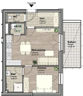 2-Zimmer-Wohnung mieten in Baden – 48 m², € 820