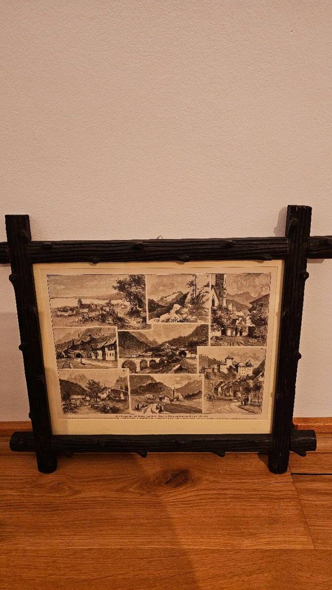 Rarität: Antiker Holzstich "Arlbergbahn & Tirol" (1885) im originalen Astwerkrahmen