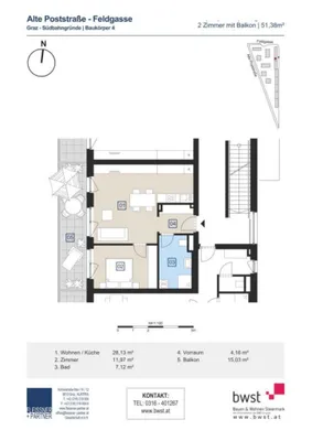 2-Zimmer-Wohnung mieten in Graz – 51,38 m², € 808 – Bild 6 von 6