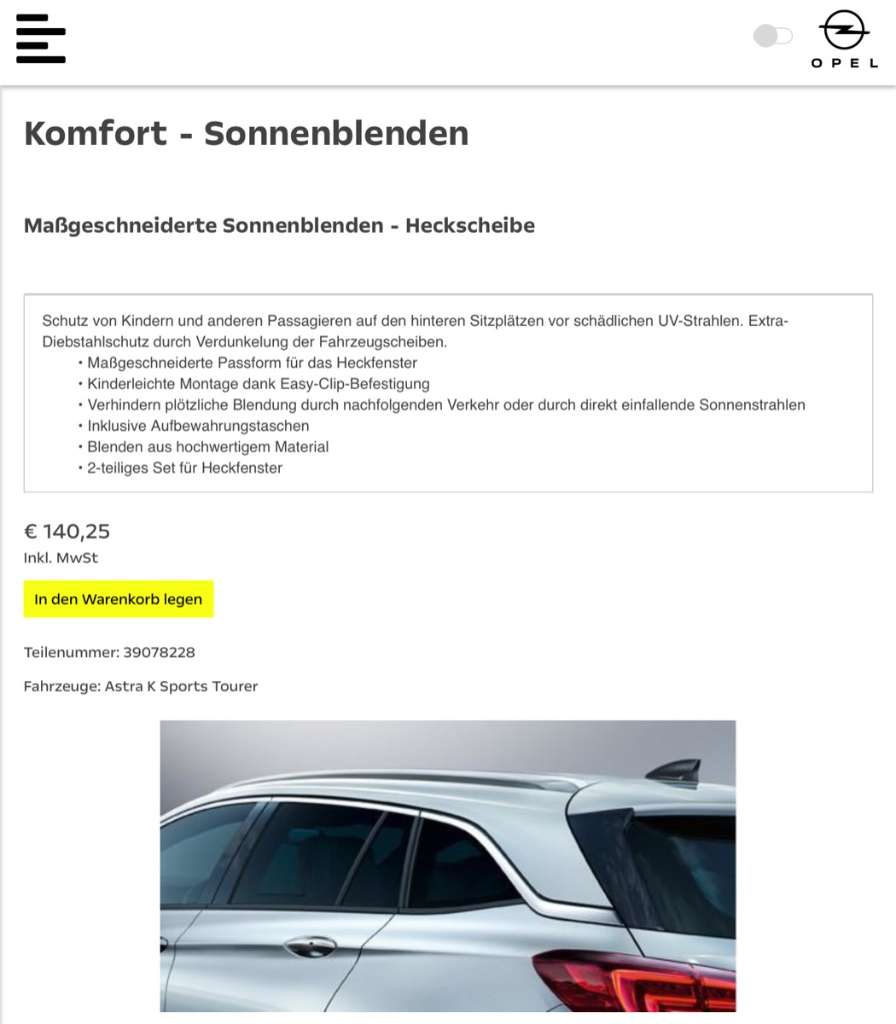 ORIGINAL Opel Sonnenblende Sonnenschutz SEITENSCHEIBEN 39078227