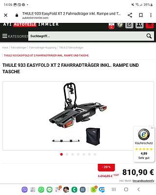 Fahrradträger Thule Easy Fold XT 933 + Rampe + Transporttasche +  Stromdadapter, € 660,- (4400 Steyr) - willhaben