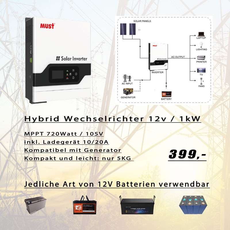Hybrid Wechselrichter 12v / 1000 Watt