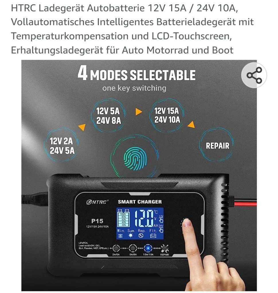 HTRC Ladegerät Autobatterie 12V 15A / 24V 10A, Vollautomatisches