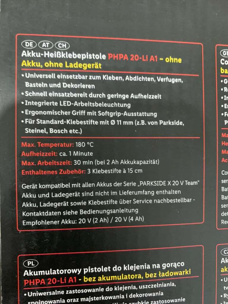 Parkside PHPA 20 Heißklebepistole, A1 - € 25,- (2490 Li willhaben Akku Ebenfurth)