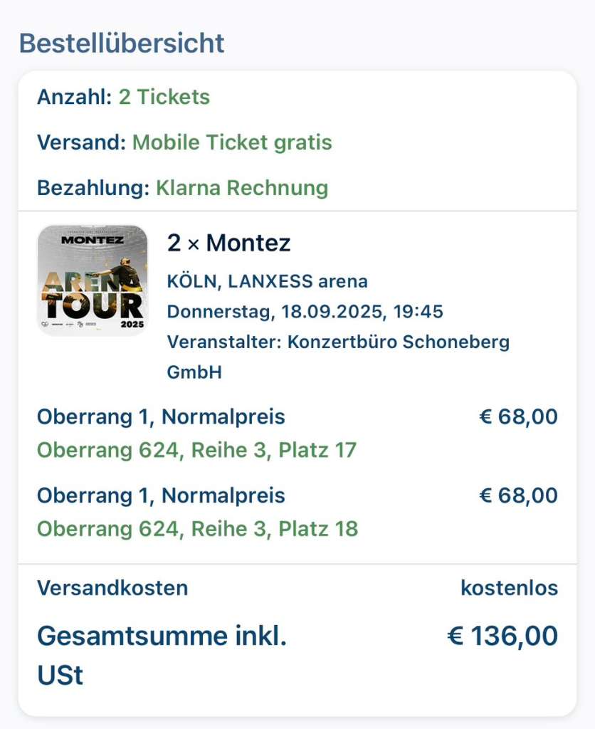 2 Tickets Montez Tour 2023 in online Köln