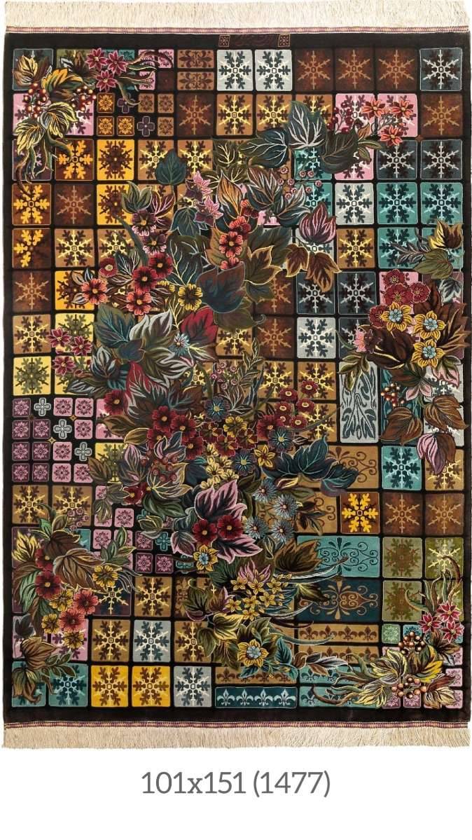 NEU 101×151 cm Handgeknüpfter Erami Ghom Seidenteppich "Mosaic Golfarang" | 70 Raj | ca. 1.060.000 Knoten | 100 % Seide auf Seide Garantiert HANDGEKNÜPFT PERSER- & ORIENTTEPPICHE W1