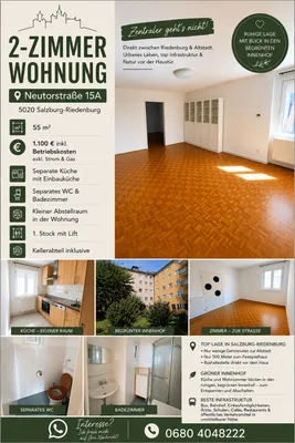 2-Zimmer-Wohnung mieten in Salzburg Stadt – 55 m², € 1.100 – Bild 1 von 8