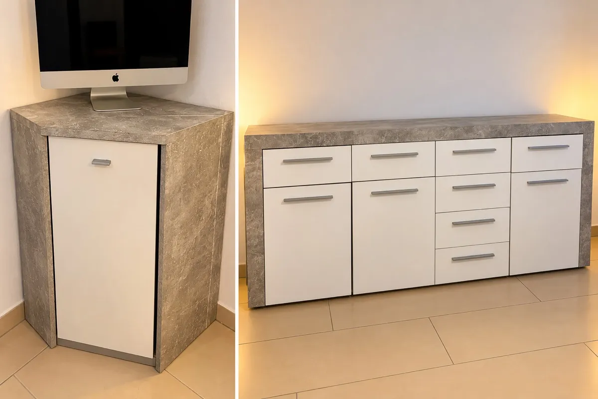 Sideboard + Eckschrank in weiß/ grau - Betonoptik, € 180,- (2552 Hirtenberg)