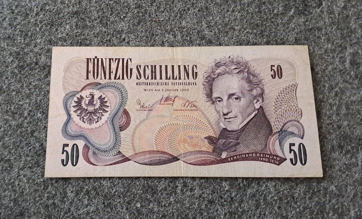 Österreichische Banknote, 50 Schilling Geldschein von 02. Jänner 1970, mit dem Schauspieler und Dramatiker Ferdinand Raimund auf die Vorderseite & auf die Rückseite das Burg Theater in Wien, in gutem Zustand