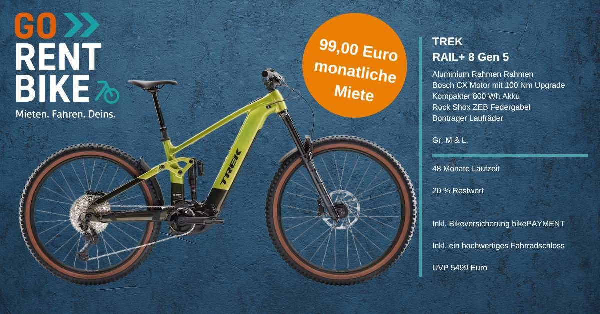 ANGEBOT DER WOCHE! JETZT MIETEN DANN KAUFEN - Trek Rail+ 8 Gen 5 2026 / Gr. L / Bosch CX 800 WH / Powersurge / Mietpreis 99 Euro bei 48 Monate Laufzeit